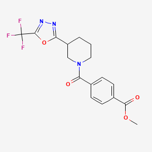 molecular formula C17H16F3N3O4 B2905688 Methyl 4-(3-(5-(trifluoromethyl)-1,3,4-oxadiazol-2-yl)piperidine-1-carbonyl)benzoate CAS No. 1396680-41-3