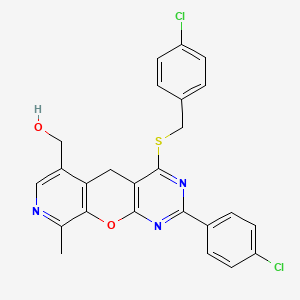 molecular formula C25H19Cl2N3O2S B2905710 [5-(4-Chlorophenyl)-7-{[(4-chlorophenyl)methyl]sulfanyl}-14-methyl-2-oxa-4,6,13-triazatricyclo[8.4.0.0^{3,8}]tetradeca-1(10),3(8),4,6,11,13-hexaen-11-yl]methanol CAS No. 892414-72-1