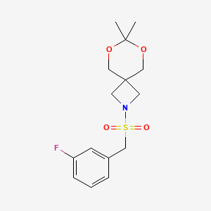 molecular formula C15H20FNO4S B2905782 2-((3-Fluorobenzyl)sulfonyl)-7,7-dimethyl-6,8-dioxa-2-azaspiro[3.5]nonane CAS No. 1396685-07-6