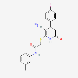 molecular formula C21H18FN3O2S B2905794 2-{[3-cyano-4-(4-fluorophenyl)-6-oxo-1,4,5,6-tetrahydropyridin-2-yl]sulfanyl}-N-(3-methylphenyl)acetamide CAS No. 877818-51-4