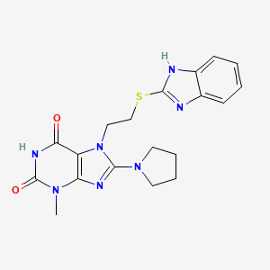 molecular formula C19H21N7O2S B2905799 7-(2-((1H-benzo[d]imidazol-2-yl)thio)ethyl)-3-methyl-8-(pyrrolidin-1-yl)-1H-purine-2,6(3H,7H)-dione CAS No. 796879-64-6