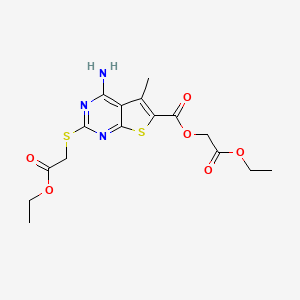 molecular formula C16H19N3O6S2 B2905839 2-Ethoxy-2-oxoethyl 4-amino-2-((2-ethoxy-2-oxoethyl)thio)-5-methylthieno[2,3-d]pyrimidine-6-carboxylate CAS No. 1159695-71-2