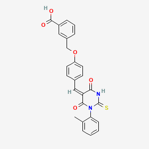 molecular formula C26H20N2O5S B2905867 3-[(4-{(E)-[1-(2-methylphenyl)-4,6-dioxo-2-thioxotetrahydropyrimidin-5(2H)-ylidene]methyl}phenoxy)methyl]benzoic acid CAS No. 347379-29-7