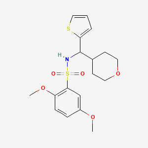 molecular formula C18H23NO5S2 B2905870 2,5-dimethoxy-N-((tetrahydro-2H-pyran-4-yl)(thiophen-2-yl)methyl)benzenesulfonamide CAS No. 2309751-97-9