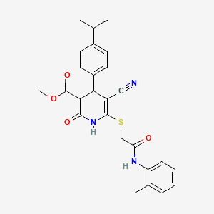 molecular formula C26H27N3O4S B2905892 Methyl 5-cyano-2-hydroxy-6-({2-[(2-methylphenyl)amino]-2-oxoethyl}sulfanyl)-4-[4-(propan-2-yl)phenyl]-3,4-dihydropyridine-3-carboxylate CAS No. 369394-16-1
