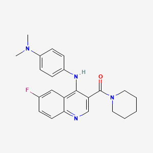 molecular formula C23H25FN4O B2905902 (4-((4-(Dimethylamino)phenyl)amino)-6-fluoroquinolin-3-yl)(piperidin-1-yl)methanone CAS No. 1217079-64-5