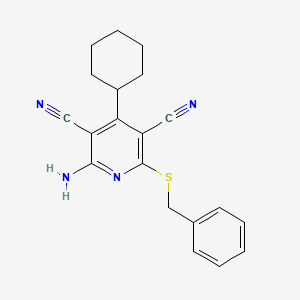 molecular formula C20H20N4S B2905907 2-Amino-6-(benzylthio)-4-cyclohexylpyridine-3,5-dicarbonitrile CAS No. 402953-67-7