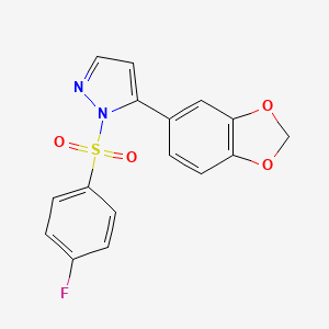 molecular formula C16H11FN2O4S B2905976 5-(1,3-benzodioxol-5-yl)-1-[(4-fluorophenyl)sulfonyl]-1H-pyrazole CAS No. 956964-56-0