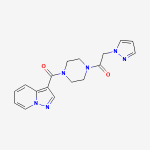 molecular formula C17H18N6O2 B2905982 2-(1H-pyrazol-1-yl)-1-(4-(pyrazolo[1,5-a]pyridine-3-carbonyl)piperazin-1-yl)ethanone CAS No. 1396766-28-1