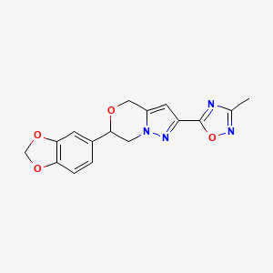 molecular formula C16H14N4O4 B2905987 5-[6-(2H-1,3-benzodioxol-5-yl)-4H,6H,7H-pyrazolo[3,2-c][1,4]oxazin-2-yl]-3-methyl-1,2,4-oxadiazole CAS No. 2415630-98-5