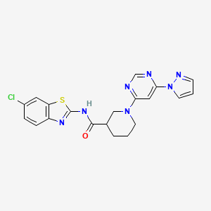 molecular formula C20H18ClN7OS B2906077 1-(6-(1H-pyrazol-1-yl)pyrimidin-4-yl)-N-(6-chlorobenzo[d]thiazol-2-yl)piperidine-3-carboxamide CAS No. 1334370-41-0