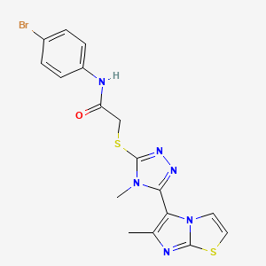 molecular formula C17H15BrN6OS2 B2906091 N-(4-溴苯基)-2-((4-甲基-5-(6-甲基咪唑并[2,1-b]噻唑-5-基)-4H-1,2,4-三唑-3-基)硫代)乙酰胺 CAS No. 1105214-57-0