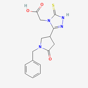 molecular formula C15H16N4O3S B2906092 2-[3-(1-benzyl-5-oxopyrrolidin-3-yl)-5-sulfanylidene-4,5-dihydro-1H-1,2,4-triazol-4-yl]acetic acid CAS No. 2415512-80-8
