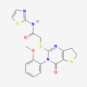 molecular formula C18H16N4O3S3 B2906093 2-((3-(2-methoxyphenyl)-4-oxo-3,4,6,7-tetrahydrothieno[3,2-d]pyrimidin-2-yl)thio)-N-(thiazol-2-yl)acetamide CAS No. 362501-81-3