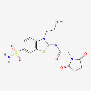 molecular formula C16H18N4O6S2 B2906108 (Z)-2-(2,5-dioxopyrrolidin-1-yl)-N-(3-(2-methoxyethyl)-6-sulfamoylbenzo[d]thiazol-2(3H)-ylidene)acetamide CAS No. 1164566-21-5