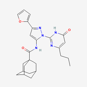molecular formula C25H29N5O3 B2906215 (3r,5r,7r)-N-(3-(furan-2-yl)-1-(6-oxo-4-propyl-1,6-dihydropyrimidin-2-yl)-1H-pyrazol-5-yl)adamantane-1-carboxamide CAS No. 1208919-56-5