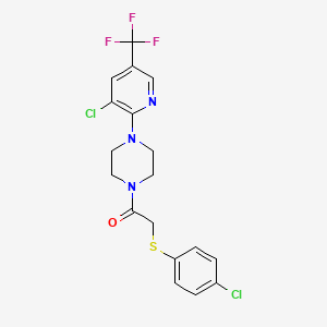 molecular formula C18H16Cl2F3N3OS B2906285 2-[(4-Chlorophenyl)sulfanyl]-1-{4-[3-chloro-5-(trifluoromethyl)-2-pyridinyl]piperazino}-1-ethanone CAS No. 260442-99-7