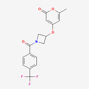 molecular formula C17H14F3NO4 B2906298 6-methyl-4-((1-(4-(trifluoromethyl)benzoyl)azetidin-3-yl)oxy)-2H-pyran-2-one CAS No. 1798540-79-0
