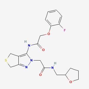 molecular formula C20H23FN4O4S B2906299 2-(2-fluorophenoxy)-N-(2-(2-oxo-2-(((tetrahydrofuran-2-yl)methyl)amino)ethyl)-4,6-dihydro-2H-thieno[3,4-c]pyrazol-3-yl)acetamide CAS No. 1105249-96-4