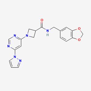 molecular formula C19H18N6O3 B2906370 1-(6-(1H-pyrazol-1-yl)pyrimidin-4-yl)-N-(benzo[d][1,3]dioxol-5-ylmethyl)azetidine-3-carboxamide CAS No. 2034280-59-4