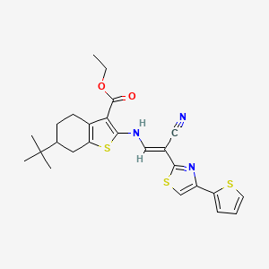 molecular formula C25H27N3O2S3 B2906435 (E)-ethyl 6-(tert-butyl)-2-((2-cyano-2-(4-(thiophen-2-yl)thiazol-2-yl)vinyl)amino)-4,5,6,7-tetrahydrobenzo[b]thiophene-3-carboxylate CAS No. 578699-37-3