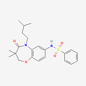 molecular formula C22H28N2O4S B2906462 N-(5-isopentyl-3,3-dimethyl-4-oxo-2,3,4,5-tetrahydrobenzo[b][1,4]oxazepin-7-yl)benzenesulfonamide CAS No. 922005-32-1