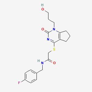 molecular formula C19H22FN3O3S B2906465 N-(4-fluorobenzyl)-2-((1-(3-hydroxypropyl)-2-oxo-2,5,6,7-tetrahydro-1H-cyclopenta[d]pyrimidin-4-yl)thio)acetamide CAS No. 899973-82-1