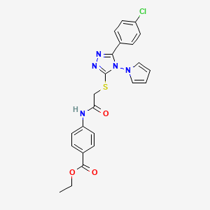 molecular formula C23H20ClN5O3S B2906475 ethyl 4-[({[5-(4-chlorophenyl)-4-(1H-pyrrol-1-yl)-4H-1,2,4-triazol-3-yl]sulfanyl}acetyl)amino]benzoate CAS No. 896309-18-5