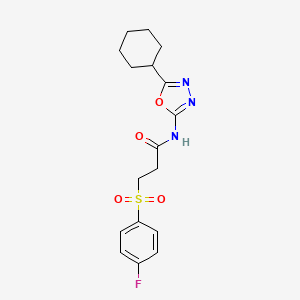 molecular formula C17H20FN3O4S B2906520 N-(5-cyclohexyl-1,3,4-oxadiazol-2-yl)-3-((4-fluorophenyl)sulfonyl)propanamide CAS No. 921911-27-5