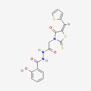 molecular formula C17H13N3O4S3 B2906526 (E)-2-hydroxy-N'-(2-(4-oxo-5-(thiophen-2-ylmethylene)-2-thioxothiazolidin-3-yl)acetyl)benzohydrazide CAS No. 612803-81-3