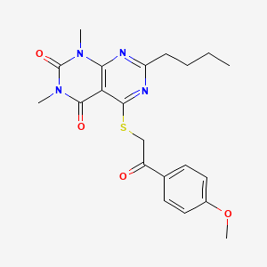 molecular formula C21H24N4O4S B2906541 7-butyl-5-((2-(4-methoxyphenyl)-2-oxoethyl)thio)-1,3-dimethylpyrimido[4,5-d]pyrimidine-2,4(1H,3H)-dione CAS No. 872612-44-7