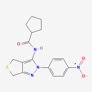 molecular formula C17H18N4O3S B2906593 N-(2-(4-nitrophenyl)-4,6-dihydro-2H-thieno[3,4-c]pyrazol-3-yl)cyclopentanecarboxamide CAS No. 450341-33-0