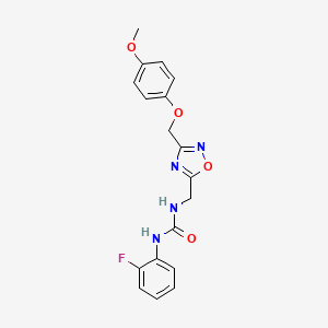 molecular formula C18H17FN4O4 B2906620 1-(2-Fluorophenyl)-3-((3-((4-methoxyphenoxy)methyl)-1,2,4-oxadiazol-5-yl)methyl)urea CAS No. 1286695-47-3