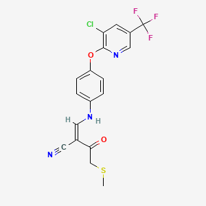 molecular formula C18H13ClF3N3O2S B2906632 3-(4-{[3-Chloro-5-(trifluoromethyl)-2-pyridinyl]oxy}anilino)-2-[2-(methylsulfanyl)acetyl]acrylonitrile CAS No. 1164480-54-9