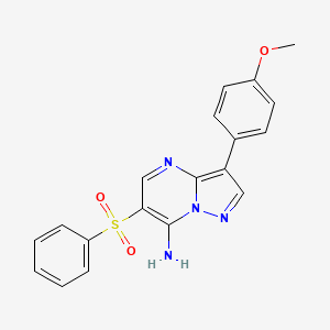 molecular formula C19H16N4O3S B2906634 3-(4-Methoxyphenyl)-6-(phenylsulfonyl)pyrazolo[1,5-a]pyrimidin-7-amine CAS No. 866050-00-2