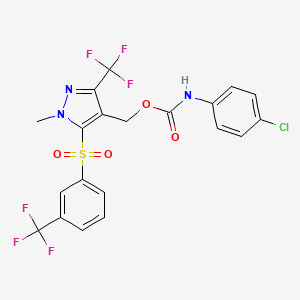 molecular formula C20H14ClF6N3O4S B2906643 (1-methyl-3-(trifluoromethyl)-5-{[3-(trifluoromethyl)phenyl]sulfonyl}-1H-pyrazol-4-yl)methyl N-(4-chlorophenyl)carbamate CAS No. 318469-25-9