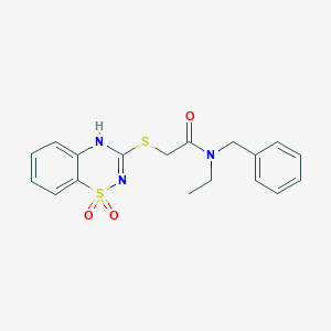 molecular formula C18H19N3O3S2 B2906689 N-benzyl-2-((1,1-dioxido-4H-benzo[e][1,2,4]thiadiazin-3-yl)thio)-N-ethylacetamide CAS No. 899724-61-9