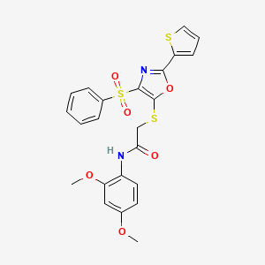 molecular formula C23H20N2O6S3 B2906707 2-[[4-(benzenesulfonyl)-2-thiophen-2-yl-1,3-oxazol-5-yl]sulfanyl]-N-(2,4-dimethoxyphenyl)acetamide CAS No. 850927-53-6