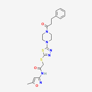 molecular formula C21H24N6O3S2 B2906743 N-(5-methylisoxazol-3-yl)-2-((5-(4-(3-phenylpropanoyl)piperazin-1-yl)-1,3,4-thiadiazol-2-yl)thio)acetamide CAS No. 1172424-38-2