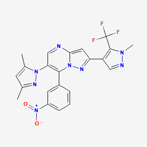 molecular formula C22H17F3N8O2 B2906838 6-(3,5-dimethyl-1H-pyrazol-1-yl)-2-[1-methyl-5-(trifluoromethyl)-1H-pyrazol-4-yl]-7-(3-nitrophenyl)pyrazolo[1,5-a]pyrimidine CAS No. 956795-78-1
