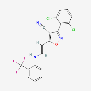 molecular formula C19H10Cl2F3N3O B2906859 3-(2,6-Dichlorophenyl)-5-{2-[2-(trifluoromethyl)anilino]vinyl}-4-isoxazolecarbonitrile CAS No. 338402-67-8