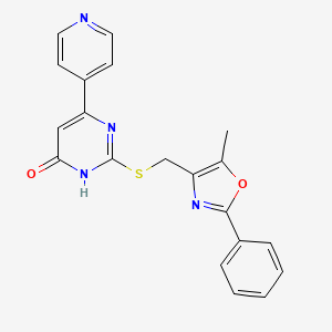 molecular formula C20H16N4O2S B2906874 2-(((5-Methyl-2-phenyloxazol-4-yl)methyl)thio)-6-(pyridin-4-yl)pyrimidin-4-ol CAS No. 1040634-52-3