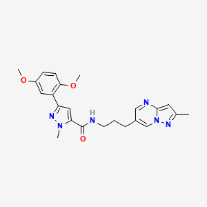 molecular formula C23H26N6O3 B2906886 3-(2,5-dimethoxyphenyl)-1-methyl-N-(3-(2-methylpyrazolo[1,5-a]pyrimidin-6-yl)propyl)-1H-pyrazole-5-carboxamide CAS No. 1797636-45-3