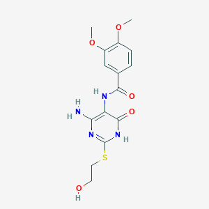 molecular formula C15H18N4O5S B2906899 N-(4-amino-2-((2-hydroxyethyl)thio)-6-oxo-1,6-dihydropyrimidin-5-yl)-3,4-dimethoxybenzamide CAS No. 888422-07-9