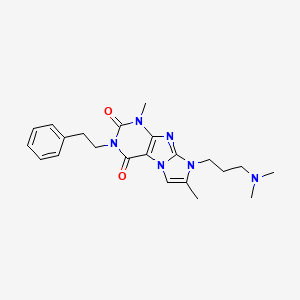 molecular formula C22H28N6O2 B2906903 8-(3-(dimethylamino)propyl)-1,7-dimethyl-3-phenethyl-1H-imidazo[2,1-f]purine-2,4(3H,8H)-dione CAS No. 923454-21-1