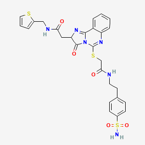 molecular formula C27H26N6O5S3 B2907167 2-{[3-oxo-2-({[(thiophen-2-yl)methyl]carbamoyl}methyl)-2H,3H-imidazo[1,2-c]quinazolin-5-yl]sulfanyl}-N-[2-(4-sulfamoylphenyl)ethyl]acetamide CAS No. 1173762-57-6