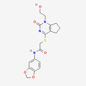 molecular formula C18H19N3O5S B2907309 N-(benzo[d][1,3]dioxol-5-yl)-2-((1-(2-hydroxyethyl)-2-oxo-2,5,6,7-tetrahydro-1H-cyclopenta[d]pyrimidin-4-yl)thio)acetamide CAS No. 941978-97-8