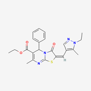 molecular formula C23H24N4O3S B2907317 ethyl (2E)-2-[(1-ethyl-5-methylpyrazol-4-yl)methylidene]-7-methyl-3-oxo-5-phenyl-5H-[1,3]thiazolo[3,2-a]pyrimidine-6-carboxylate CAS No. 494219-37-3