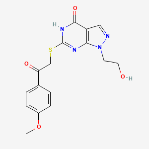 molecular formula C16H16N4O4S B2907380 1-(2-hydroxyethyl)-6-((2-(4-methoxyphenyl)-2-oxoethyl)thio)-1H-pyrazolo[3,4-d]pyrimidin-4(5H)-one CAS No. 946333-00-2