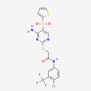 molecular formula C17H12ClF3N4O3S3 B2907503 2-((4-amino-5-(thiophen-2-ylsulfonyl)pyrimidin-2-yl)thio)-N-(4-chloro-3-(trifluoromethyl)phenyl)acetamide CAS No. 1223856-57-2